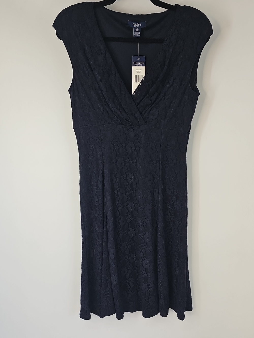 Chaps Dainty Lace Vneck Capped Sleeves Lined Dress Deep Blue Sz:10 Coquette Fem